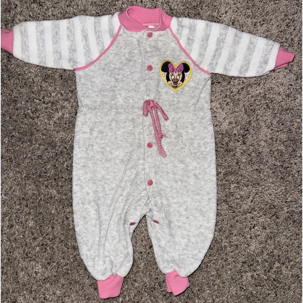 Vintage Playskool Terry Cloth Jump Suit‎ Baby 3-6 Months Gray Pink Minnie Mouse